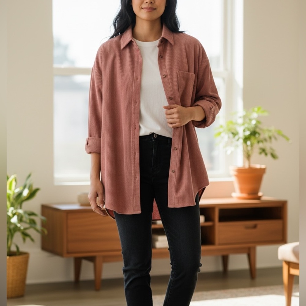Chic Mauve Button-Up Oversized Shirt size medium